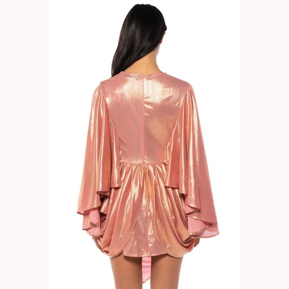 💥BOMBSHELL!💥Asymmetrical Draped Kimono Sleeve Dress in Metallic Pink - Picture 6 of 16